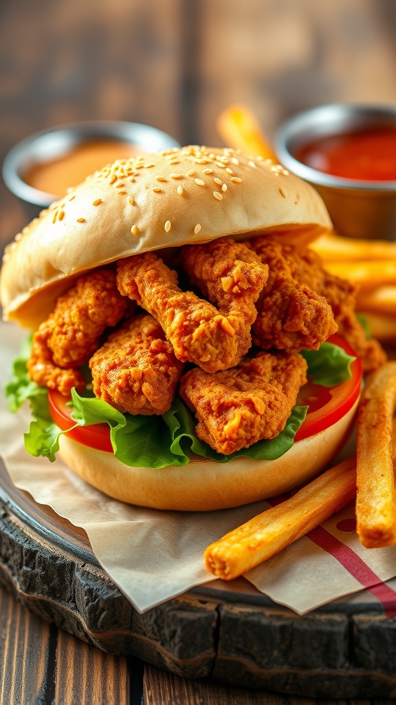 A spicy chicken sandwich with lettuce and tomato on a bun, accompanied by fries on a wooden table.